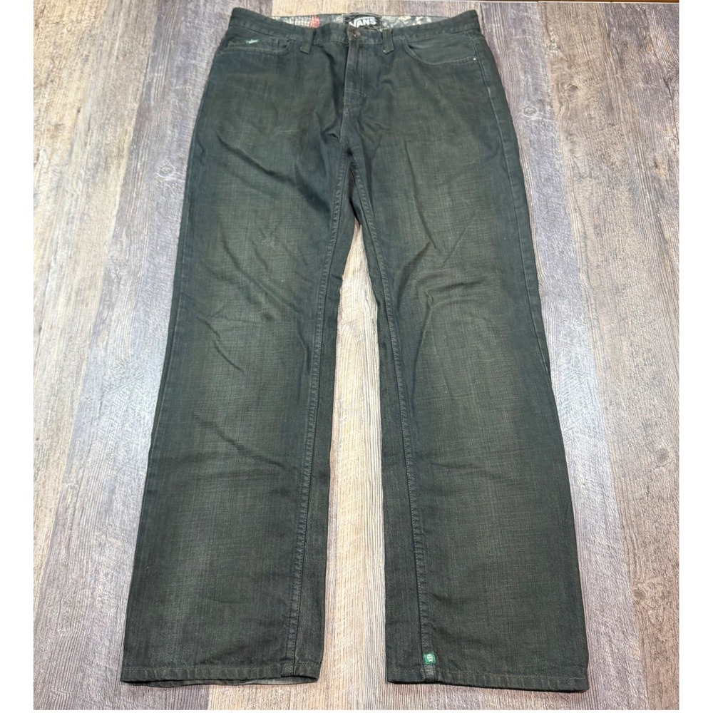 Vans Mens Dark Wash Denim Jeans Straight Leg Green Skull Logo Size 34x32 Skate